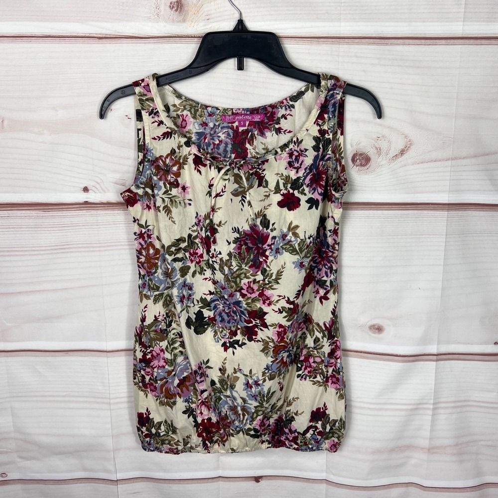 Palette Top Womens Small Floral Blouse Sleeveless Tie Neck Elastic Waist‎ Woven